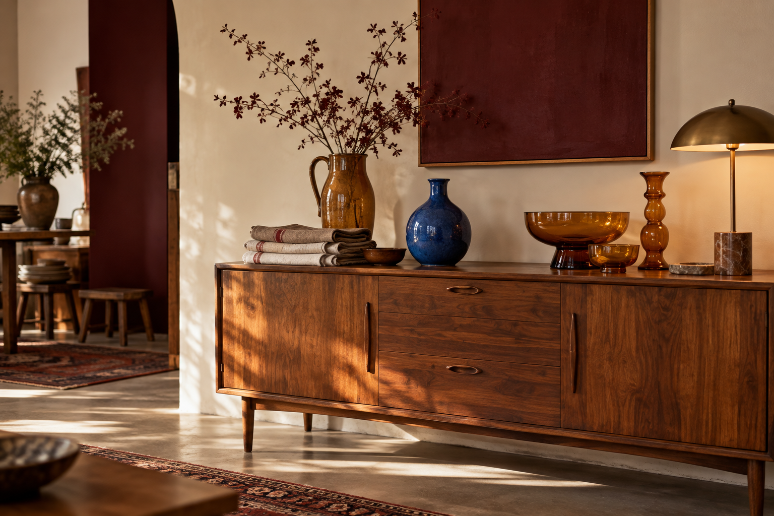 Fictional Morrow House shop: warm wood, vintage glass and a reading lamp