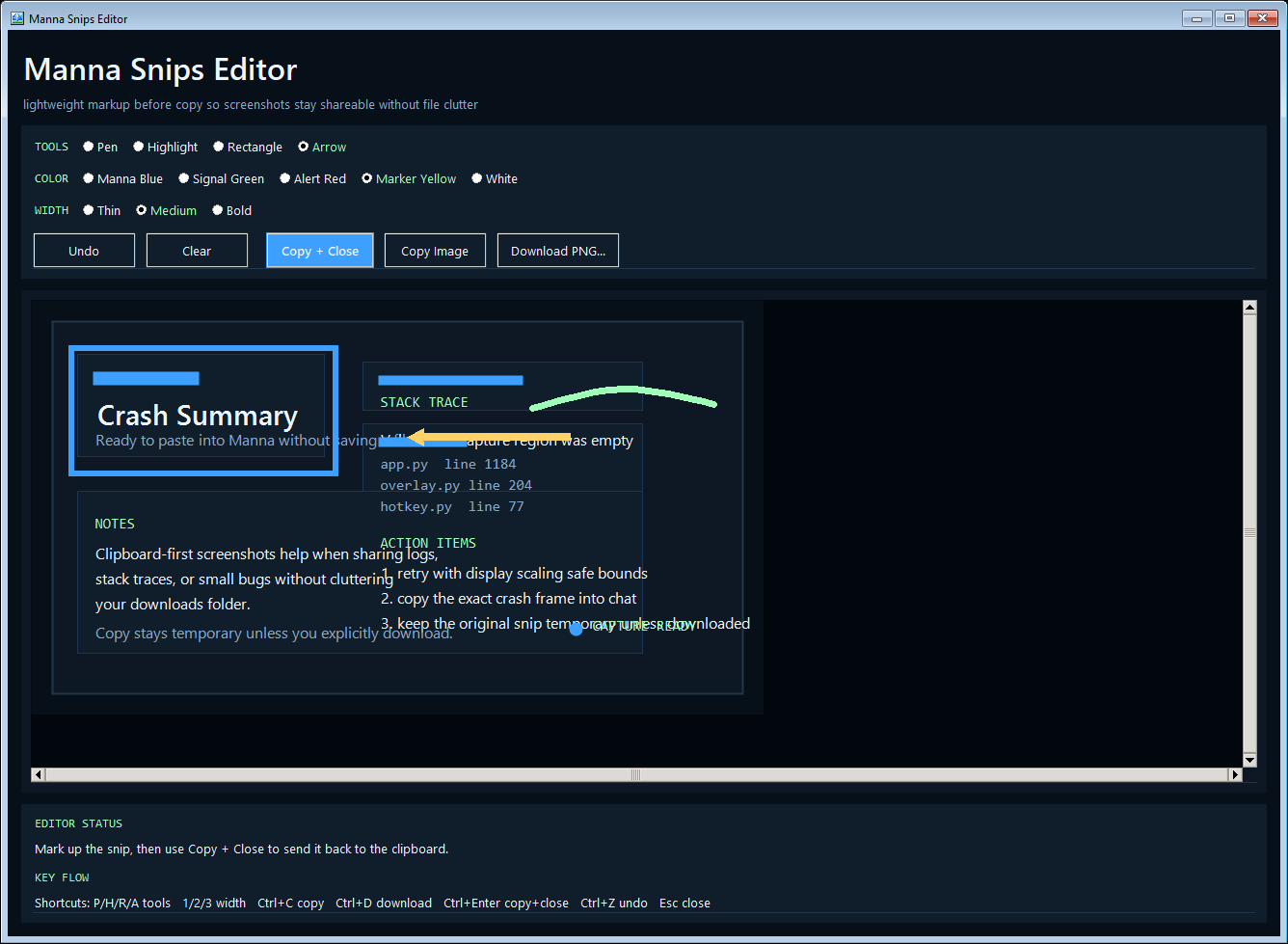 Manna Snips editor showing its drawing and copy tools